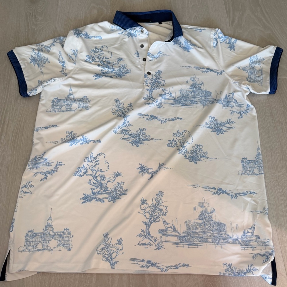 Greyson White Polo with Blue Scenic Print